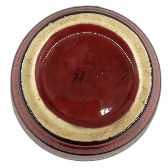 VTG Rose & Burgundy Crockery Barrel Bowl with Leaf Relief Pattern 5.5"D x 3"H - Picture 4 of 5